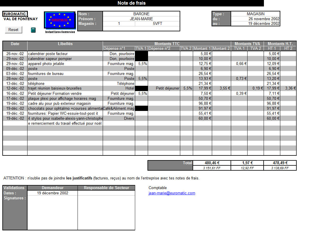 Modele note de frais excel